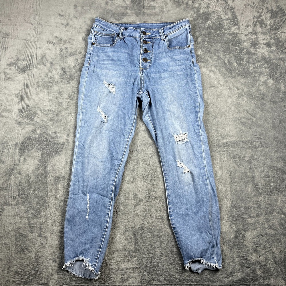 Grace & Lace Skinny Jeans Womens 10 Blue Whiskered Denim Distressed Frayed Hem